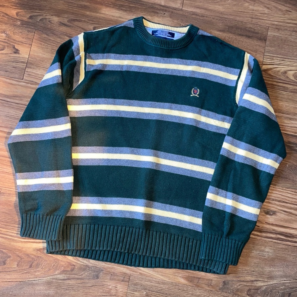 Tommy Hilfiger Men's Green and Yellow Striped Crewneck Sweater